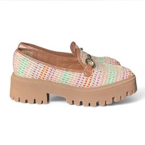 Arezzo Tan and Multicolor Woven Leather Platform Loafers Women’s Size 7